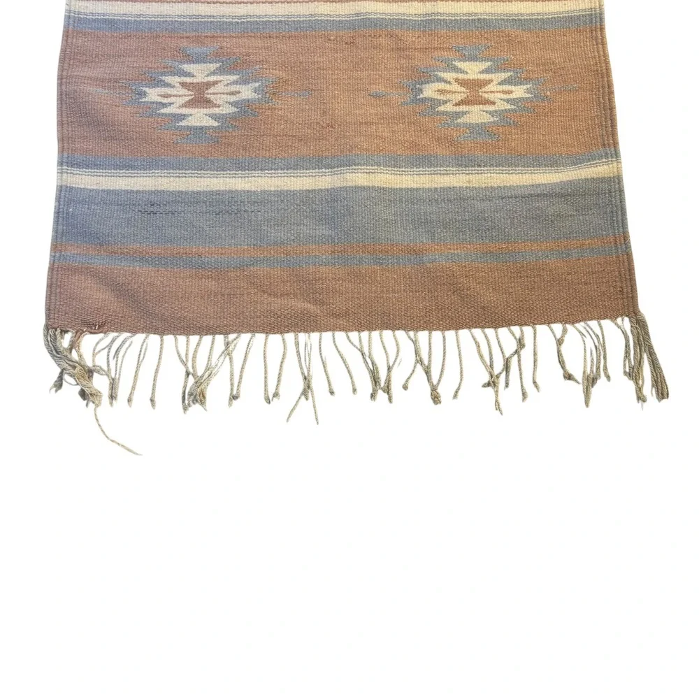 Southwestern Handwoven Wool Rug Tapestry Geometric Diamond Terracotta Blue 24x41